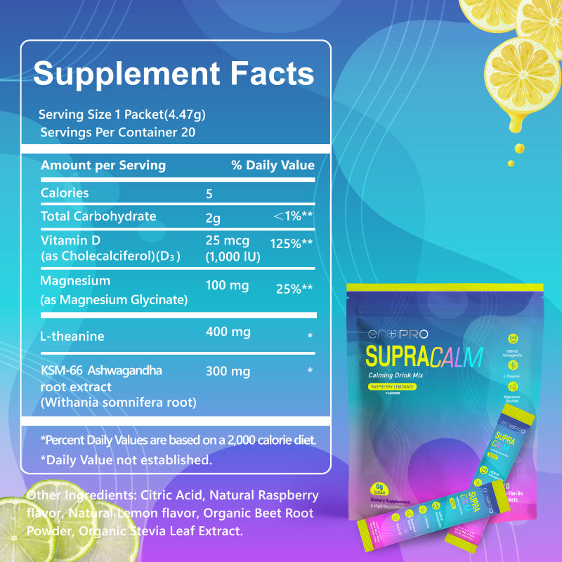 SupraCalm Calming Drink Mix - Raspberry Lemonade Flavor - 20 Packets