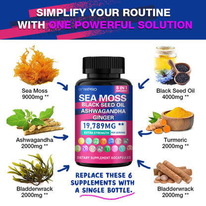 Sea Moss 8-in-1 Supplement with Black Seed Oil & More - 60 Capsules