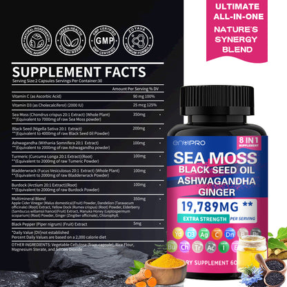 Sea Moss 8-in-1 Supplement with Black Seed Oil & More - 60 Capsules